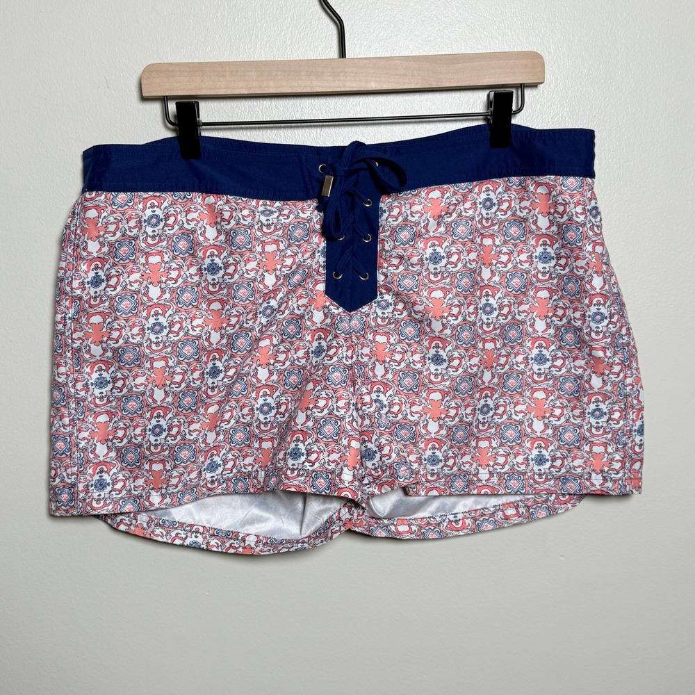 Cabana Life Womens XL Board Shorts Coral Navy Tile Print Lace Up Swim Vacation